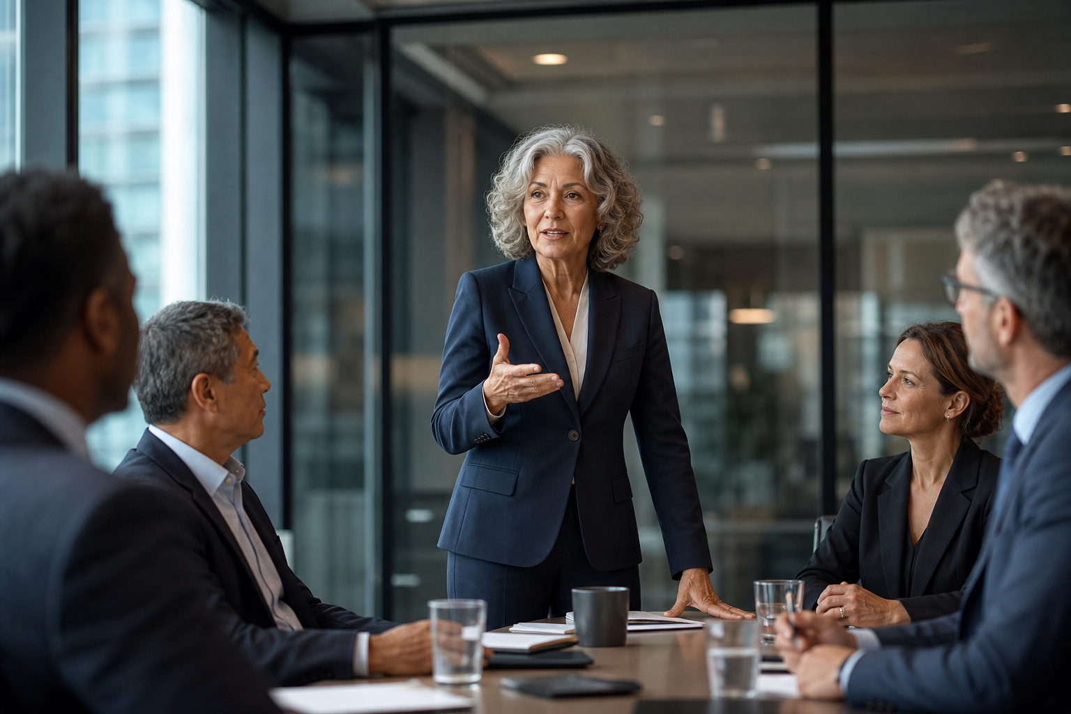 Seasoned woman executive leading a strategic boardroom discussion